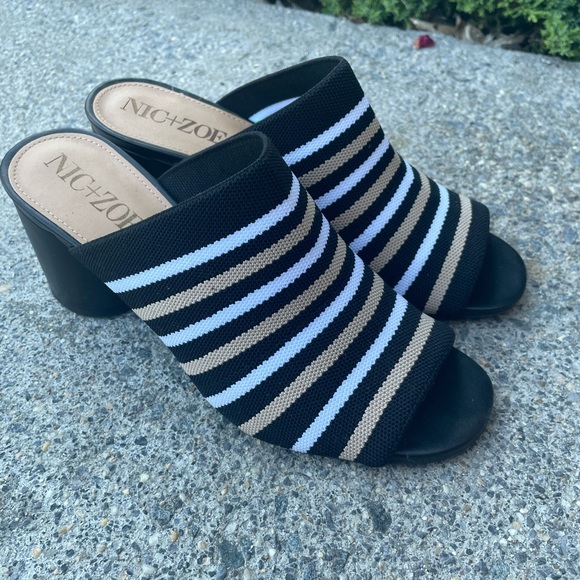 NIC + ZOE BLACK WHITE BEIGE STRIPE SHOES SANDALS MULES HEELS SZ 8.5 worn once - Picture 1 of 6